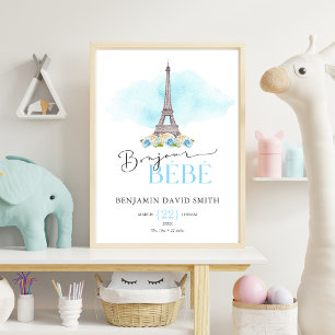 Birth Stats Bonjour Bébé Baby BOY Nursery Poster