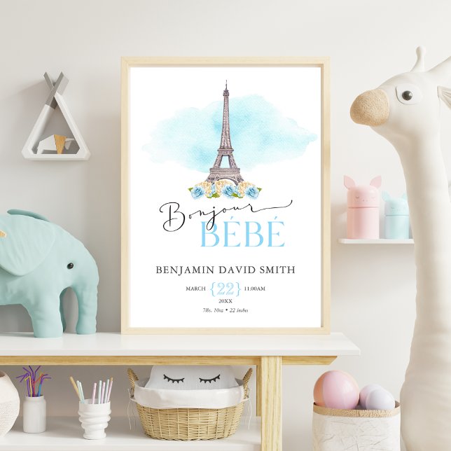 Birth Stats Bonjour Bébé Baby BOY Nursery Poster (Creator Uploaded)