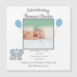 Birth Stats Boy Blue Elephant Baby Announcement