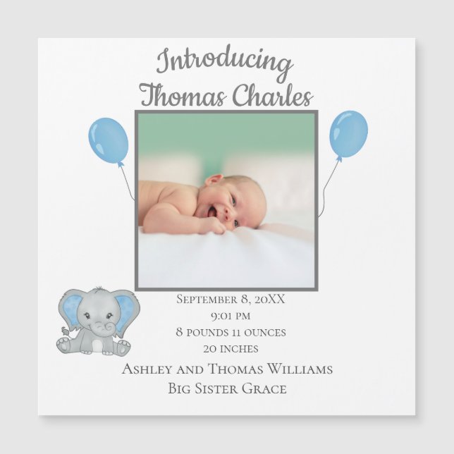 Birth Stats Boy Blue Elephant Baby Announcement (Front)