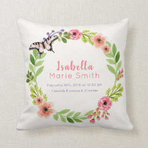 Birth Stats Elegant Floral Girl Nursery Pillow
