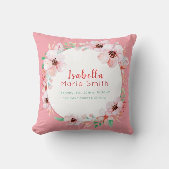 Birth Stats Elegant Floral Girl Nursery Pillow (Front)