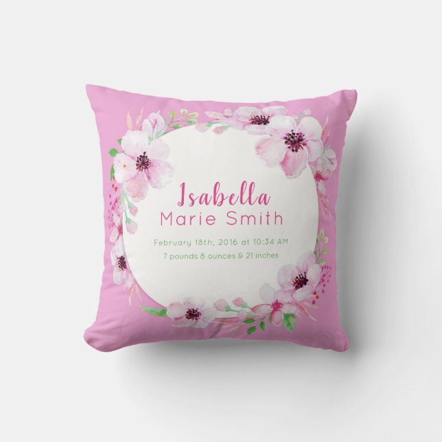 Birth Stats Elegant Floral Girl Nursery Pillow (Front)