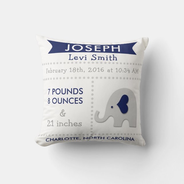 Birth Stats Elephant Nursery Pillow - Navy Grey (Front)