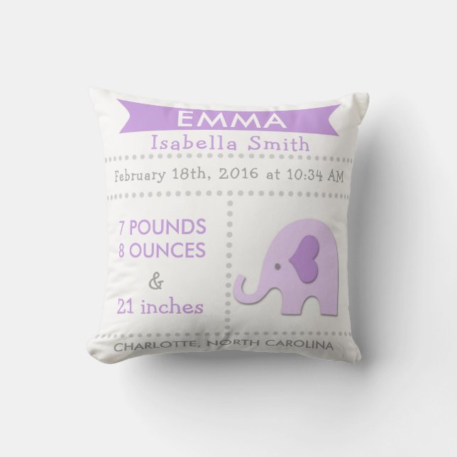 Birth Stats Elephant Nursery Pillow Purple Grey (Front)