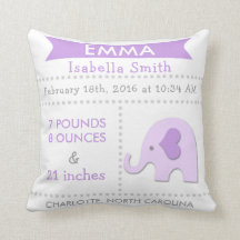 Birth Stats Elephant Nursery Pillow Purple Grey
