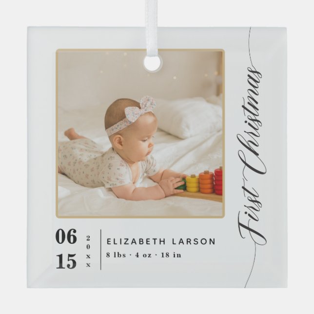 Birth Stats First Christmas Baby's Name And Photo Glass Tree Decoration (Front)