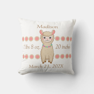 Birth Stats for Baby Girl Pink Llamas Cushion