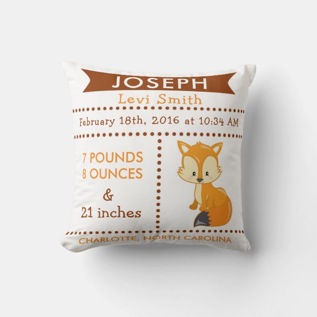 Birth Stats Fox Woodland Nursery Pillow (Front)