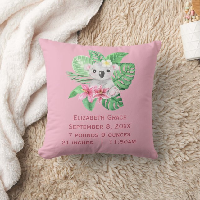 Birth Stats Koala Bear Pink Green Tropical Flowers Cushion (Blanket)