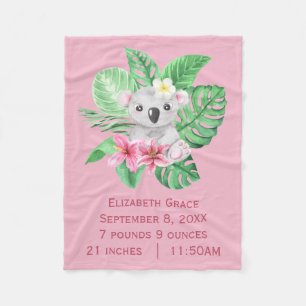 Birth Stats Koala Bear Pink Green Tropical Flowers Fleece Blanket