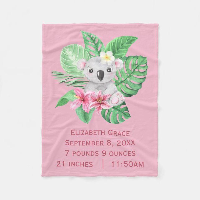 Birth Stats Koala Bear Pink Green Tropical Flowers Fleece Blanket (Front)