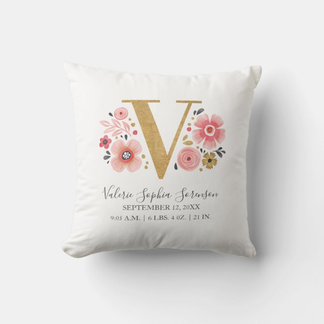 Birth Stats Letter V Pink Floral Monogram Initial Cushion (Front)