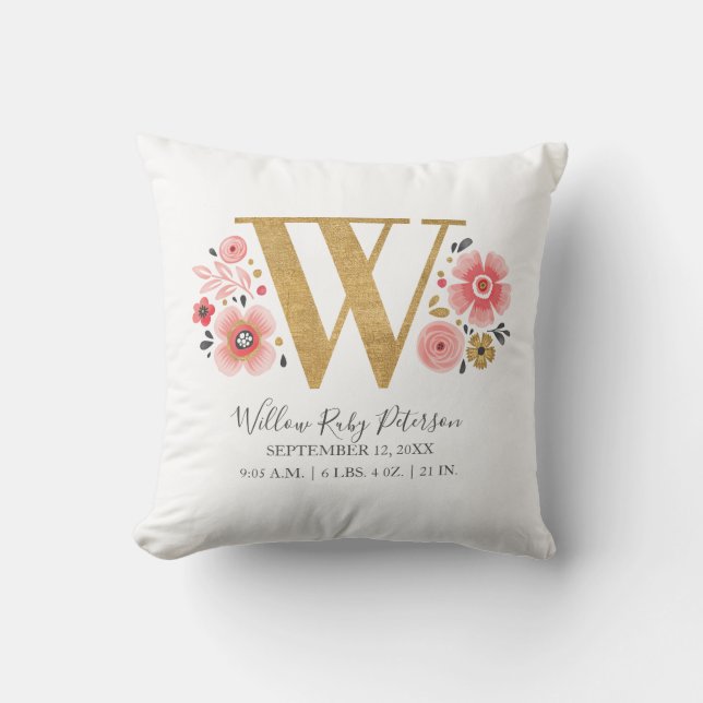 Birth Stats Letter W Pink Floral Monogram Initial Cushion (Front)