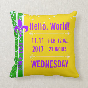 Birth Stats Mardi Gras Fleur De Lis NOLA Cushion