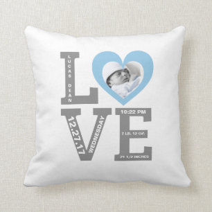 Birth Stats Modern Typography Baby Boy Blue Cushion