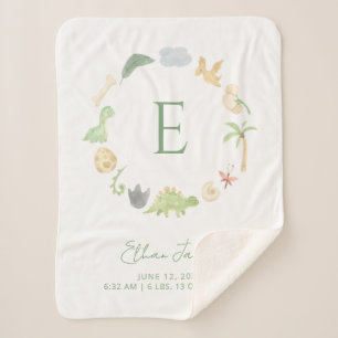 Birth Stats Monogram Wreath Cute Dinosaurs Green Sherpa Blanket