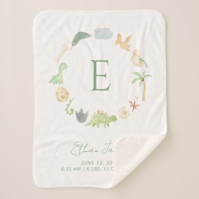 Birth Stats Monogram Wreath Cute Dinosaurs Green Sherpa Blanket (Front)