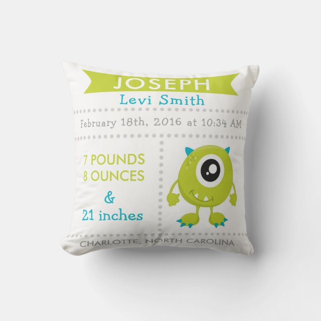 Birth Stats Monster Nursery Pillow Green (Front)