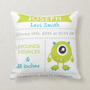 Birth Stats Monster Nursery Pillow Green