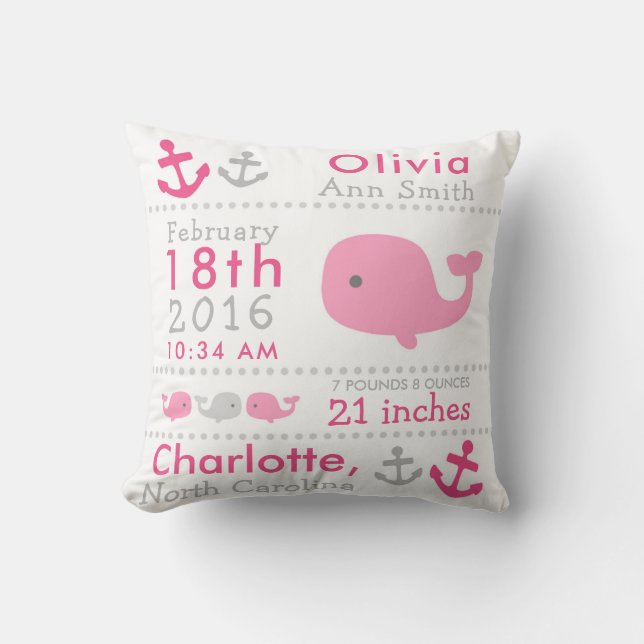 Birth Stats Nautical Whale Nursery Throw Pillow (Front)