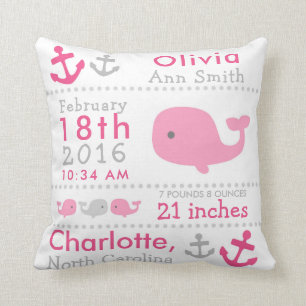 Birth Stats Nautical Whale Nursery Throw Pillow