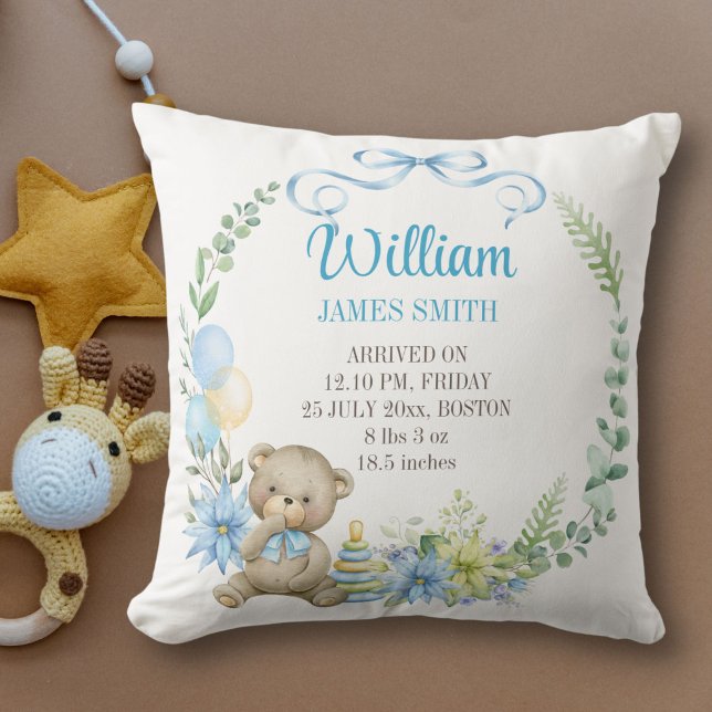 Birth stats nursery pillow cute teddy bear (Creator Uploaded)