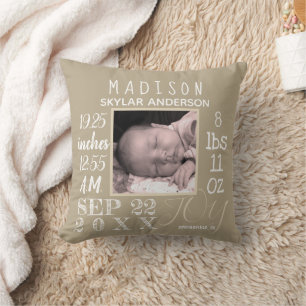 Birth Stats Nursery Typography Neutral Add Photo Cushion