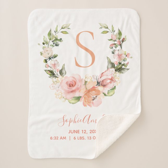 Birth Stats Peachy Coral Rose Floral Wreath Sherpa Blanket (Front)