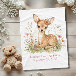 Birth Stats Personalised Name Date Deer Baby Girl Fleece Blanket