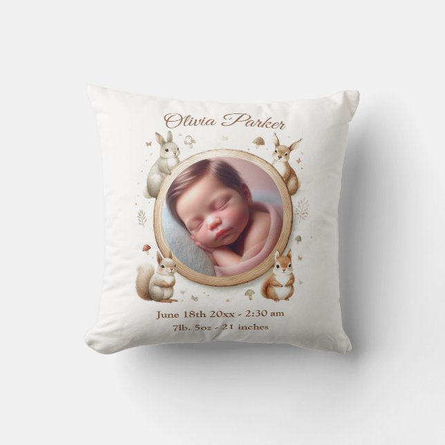 Birth Stats Photo Pillow - Woodland Animals (Front)