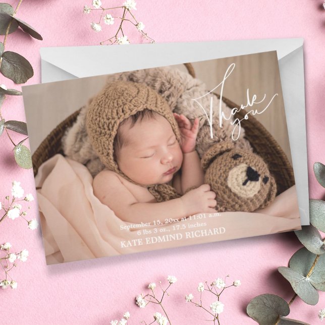 Birth Stats Photos Handwritten Baby Shower  Thank You Card (Creator Uploaded)