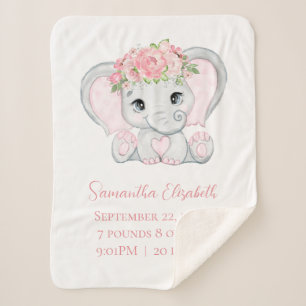 Birth Stats Pink Baby Elephant Baby Blanket