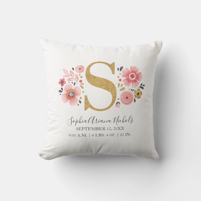 Birth Stats Pink Floral Monogram Initial Letter S Cushion (Front)