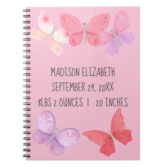 Birth Stats Pink Purple Yellow Butterflies Baby  Notebook (Front)