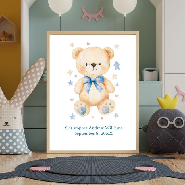 Birth Stats Teddy Bear Blue Bow Baby Boy Nursery Poster (Teddy Bear with Blue Boys Nursery Wall art print. Personalized with name and birthday birth stats)
