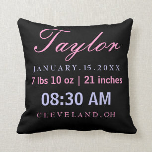 Birth Stats Typography Black Pink Lavender Cushion