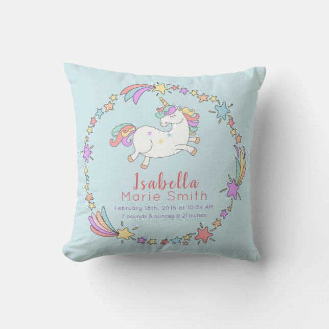 Birth Stats Unicorn Nursery Pillow (Front)