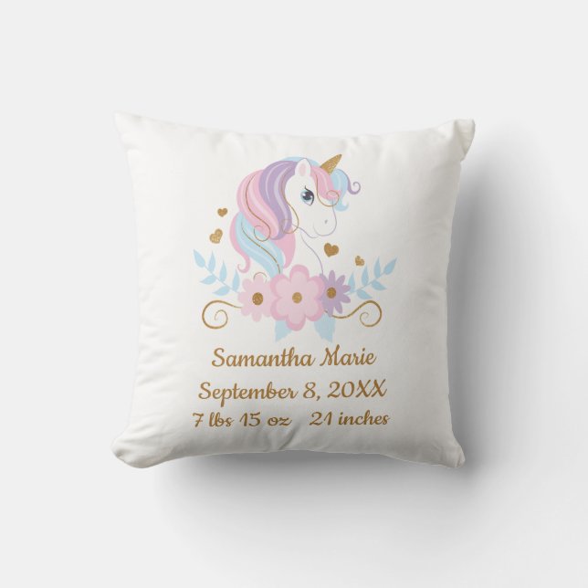 Birth Stats Unicorn Pink Blue Gold, Girly Baby  Cushion (Front)