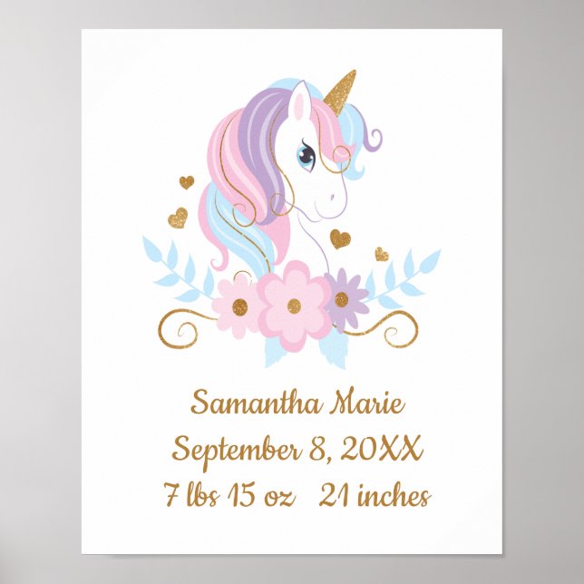 Birth Stats Unicorn Pink Blue Gold, Girly Poster (Front)
