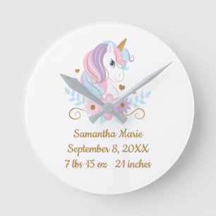Birth Stats Unicorn Pink Blue Gold, Girly  Round Clock