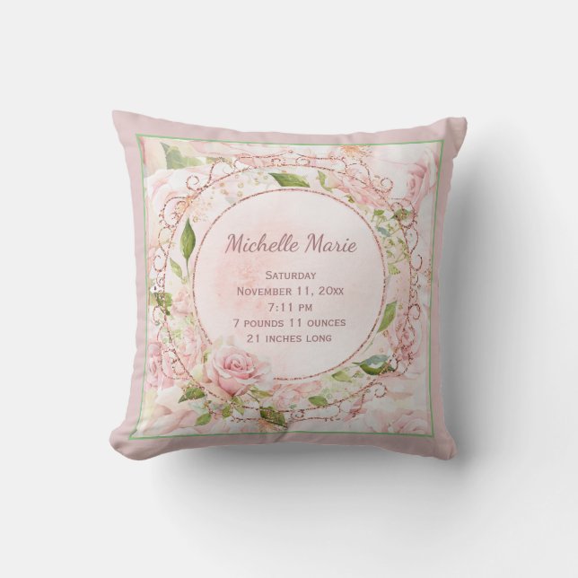 Birth Stats Vintage Pink Rose Nursery Cushion (Front)