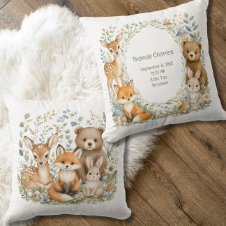 Birth Stats Woodland Animals New Baby Boy Girl Cushion