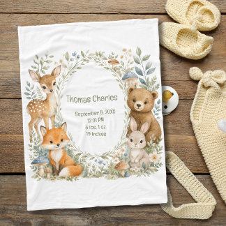 Birth Stats Woodland Animals New Baby Boy Girl Fleece Blanket