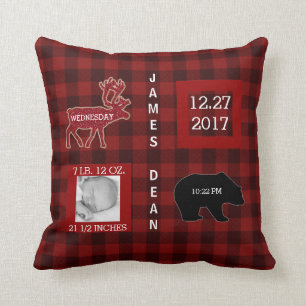 Birth Stats Woodland Buffalo Check Red Nursery Cushion