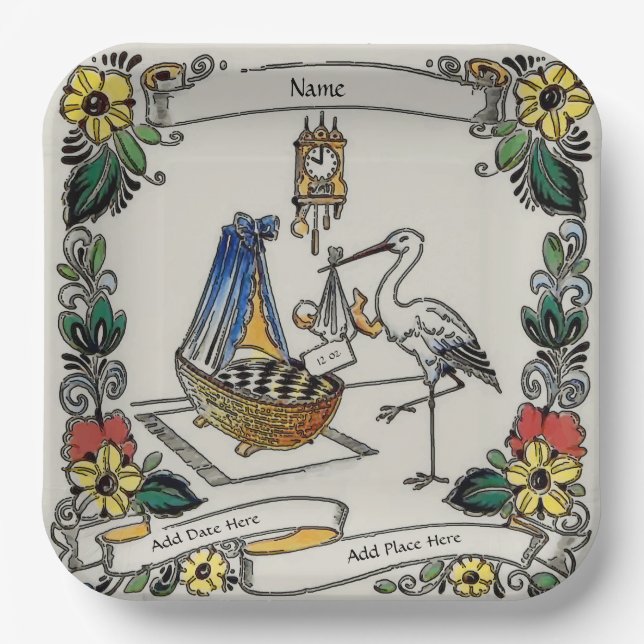 Birth Tile, Dutch Look, Personalise Paper Plate (Front)