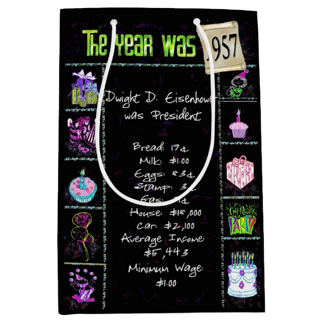 Birth Year 1957 Fun Trivia On Black Medium Gift Bag (Front)