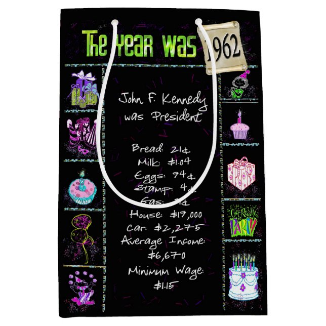 Birth Year 1962 Fun Trivia On Black  Medium Gift Bag (Front)