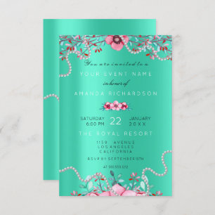 Birthay 16th Bridal Floral Formal Pearls Mint Pink Invitation
