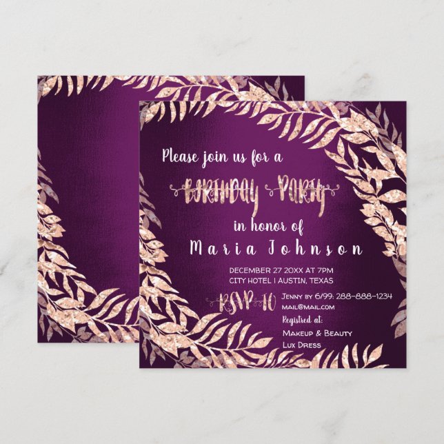 Birthda Party Wreath Glitter Rose Gold Plum Purple Invitation (Front/Back)